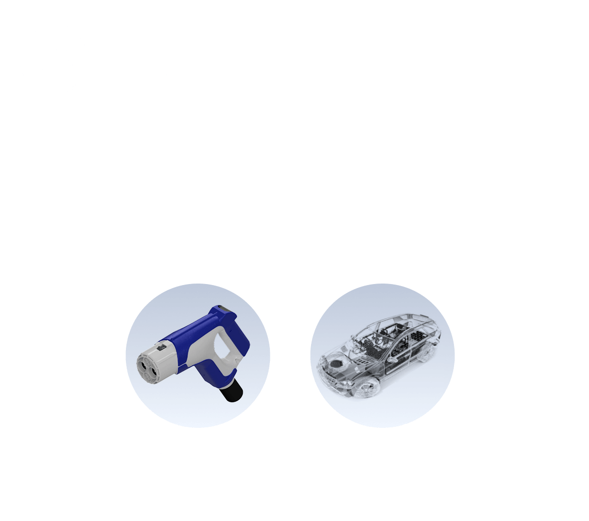 自動車のイメージ。急速充電コネクタとワイヤハーネスの画像付き。